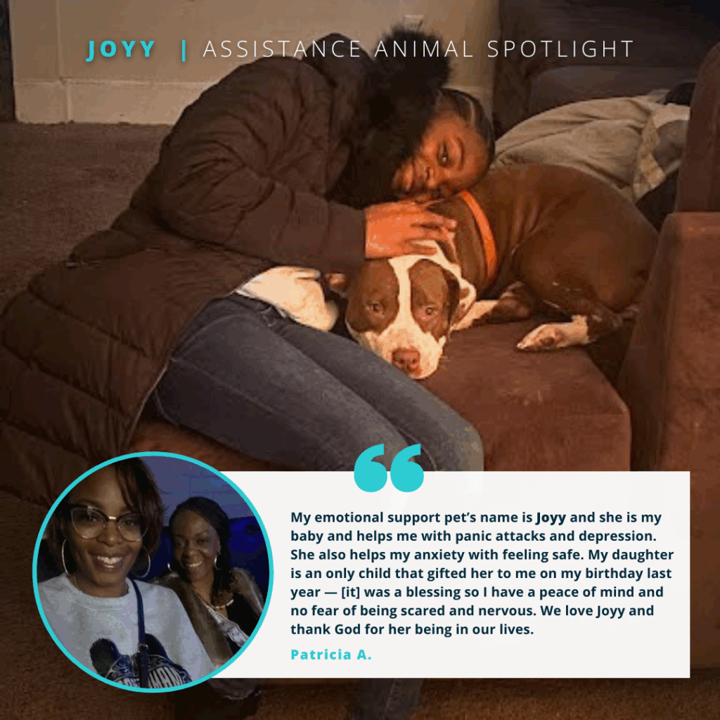 Joyy | Assistance Animal Spotlight

A young woman is sitting on an ottoman, hugging a brown and white dog.

Quote reads: "My emotional support pet's name is Joyy and she is my baby and helps me with panic attacks and depression. She also helps my anxiety with feeling safe. My daughter is an only child that gifted her to me on my birthday last year — [it] was a blessing so I have peace of mind and no fear of being scared and nervous. We love Joyy and thank God for her being in our lives." - Patricia A.