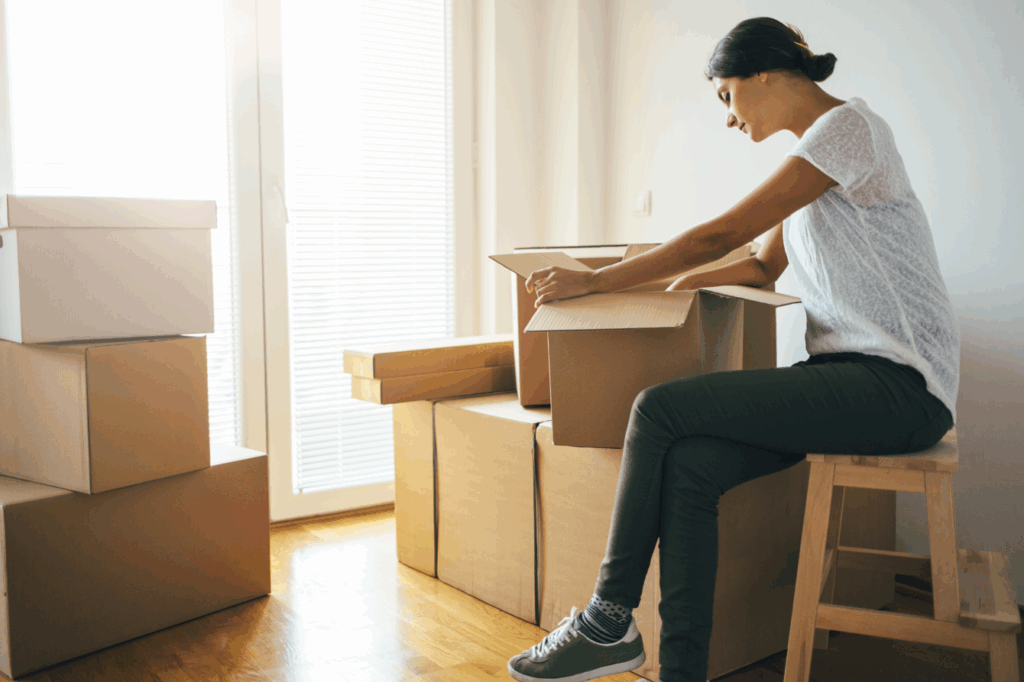 survivor of domestic violence unpacking boxes